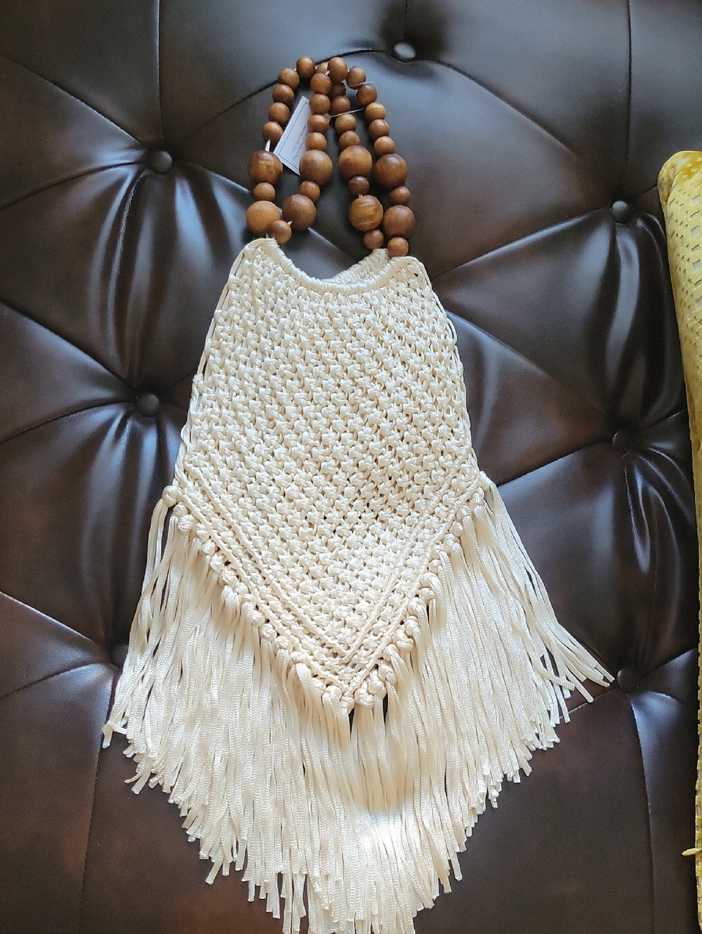 Boho Fringe Hobo Bag with Wooden Bead Handles - Cream